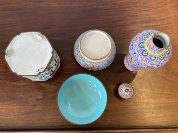 A Chinese Canton enamel covered vase, a covered bowl and a tea caddy, Qianlong