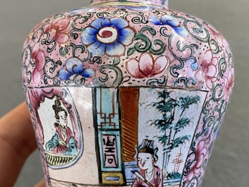 A Chinese Canton enamel covered vase, a covered bowl and a tea caddy, Qianlong