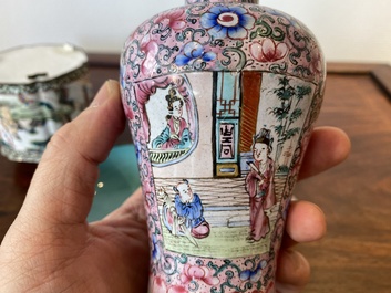 Un vase couvert, une bo&icirc;te couverte et une bo&icirc;te &agrave; th&eacute; en &eacute;maux de Canton, Chine, Qianlong