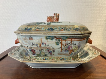 A Chinese octagonal famille rose 'mandarin subject' tureen and cover on stand, Qianlong