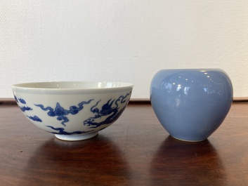 A Chinese blue and white 'dragon' bowl and a lavender-blue-glazed brushwasher, Qianlong mark, 19/20th C.