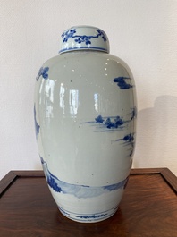 Een grote Chinese blauw-witte dekselpot met verhalend decor, 19e eeuw