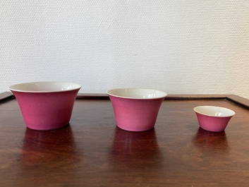 Three Chinese monochrome pink bowls, Qianlong mark, 19/20th C.