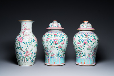 Three Chinese famille rose vases, a hat stand and a blue and white celadon-ground jar and cover, 19th C.