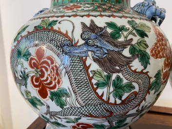 A pair of Chinese famille verte 'dragon' vases, Chenghua mark, 19th C.