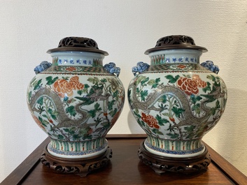 A pair of Chinese famille verte 'dragon' vases, Chenghua mark, 19th C.