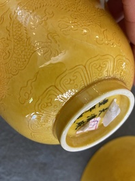 A Chinese sancai-glazed water dropper and a pair of yellow-glazed anhua 'dragon' bowls, Xianfeng mark, Kangxi and later