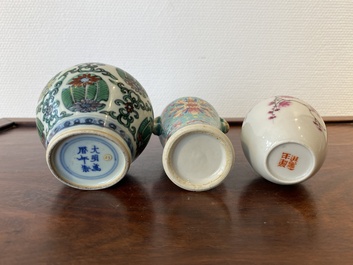 Three small Chinese doucai and famille rose vases, 19/20th C.