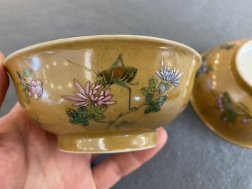 A pair of Chinese caf&eacute;-au-lait-ground famille rose 'grasshopper' bowls, Daoguang mark and of the period