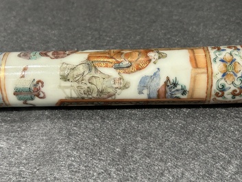 A rare Chinese famille rose opium pipe with narrative scenes, 19th C.