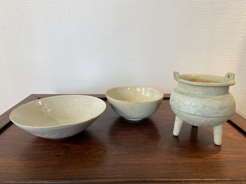 Two Chinese qingbai bowls and a tripod censer, Song/Ming