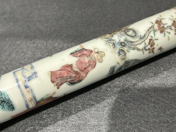 A rare Chinese famille rose opium pipe with narrative scenes, 19th C.