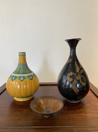 Un vase de type Jizhou, un bol Jian et un vase &agrave; fond jaune, Chine, Song et post&eacute;rieur