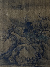 Chinese School: 'Two mountainous landscapes with scholars', ink and colour on silk, probably Ming