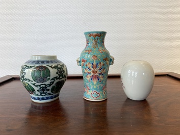 Three small Chinese doucai and famille rose vases, 19/20th C.