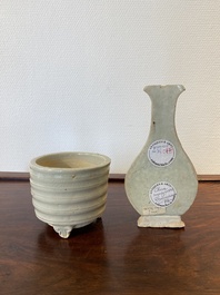 A Chinese qingbai wall pocket vase and a three-legged incense burner, Song