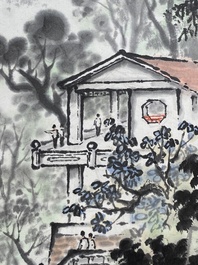 Qian Songyan 錢松嵒 (1899-1986) : 'Paysage aux b&acirc;timents modernes', encre et couleurs sur papier, dat&eacute; 1974