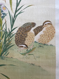 Zhao Hao 趙浩 '石佛' (1881-1949): 'Twee kwartels en insecten', inkt en kleur op zijde, gedateerd 1928