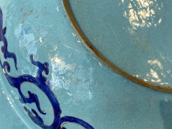 A Chinese Canton enamel turquoise-ground basin and a blue-ground dish, 18/19th C.