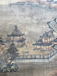 Suiveur de Qiu Ying 仇英 (1494-1552) : 'Paysage montagneux aux pavillons', encre et couleurs sur soie, dat&eacute; 1545 mais probablement post&eacute;rieur