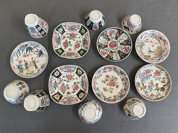 Sept tasses et soucoupes en porcelaine de Chine famille rose, Yongzheng/Qianlong