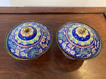 A pair of Chinese Canton enamel bowls and covers, Qianlong