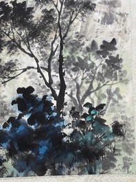 Qian Songyan 錢松嵒 (1899-1986): 'Landschap met moderne gebouwen', inkt en kleur op papier, gedateerd 1974