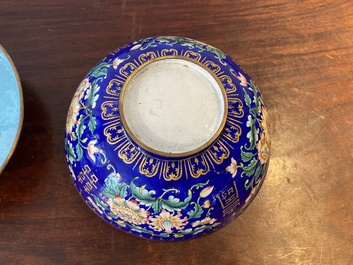 A Chinese blue-ground Canton enamel bowl and cover, Qianlong