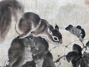 Liu Ruihua 劉瑞華 (1971): 'Squirrels and grapes', ink and colour on paper, dated 1995 and Jiang Yunge 江雲閣: 'Bamboo', ink on silk, dated 1949