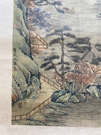 Suiveur de Qiu Ying 仇英 (1494-1552) : 'Paysage montagneux aux pavillons', encre et couleurs sur soie, dat&eacute; 1545 mais probablement post&eacute;rieur