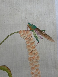 Zhao Hao 趙浩 '石佛' (1881-1949): 'Twee kwartels en insecten', inkt en kleur op zijde, gedateerd 1928