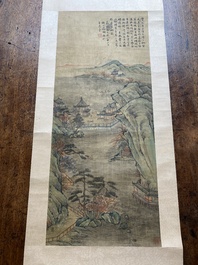 Follower of Qiu Ying 仇英 (1494-1552): 'Mountainous landscape with pavilions', ink and colour on silk, dated 1545 but probably later