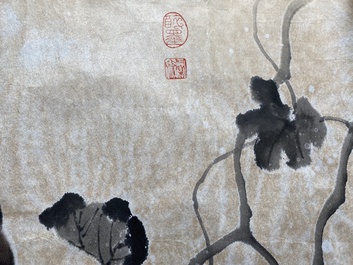 Liu Ruihua 劉瑞華 (1971): 'Eekhoorns met druiventrossen', inkt en kleur op papier, gedat. 1995 en Jiang Yunge 江雲閣: 'Bamboe', inkt op zijde, gedat. 1949