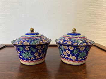 A pair of Chinese Canton enamel bowls and covers, Qianlong