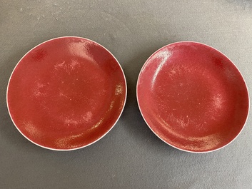 A pair of Chinese monochrome ruby-pink dishes, Jiaqing mark and of the period