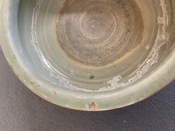 A Chinese Longquan celadon 'twin fish' dish and two censers, Song and/or later