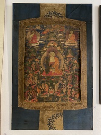 Een thangka met Bhaisajyaguru, Tibet, 15/16e eeuw