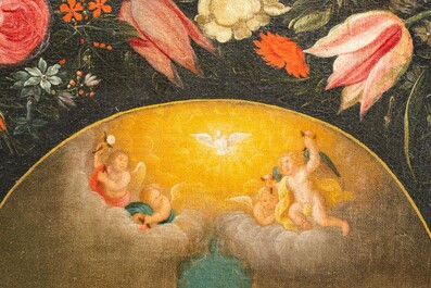 Philips de Marlier (1595-1668) &amp; atelier de Frans Francken II (1581-1642): 'Le mariage de la Vierge' entour&eacute; d'une guirlande florale, huile sur toile
