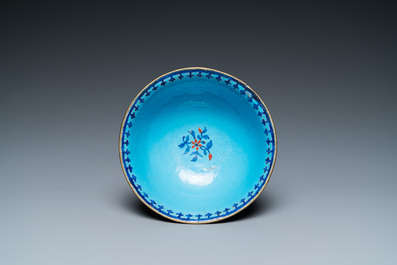 A Chinese Canton enamel 'lotus' spice dish and a floral bowl, Qianlong/Jiaqing