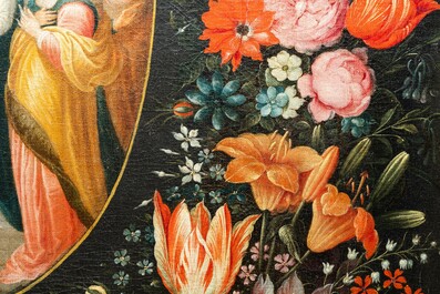 Philips de Marlier (1595-1668) &amp; atelier van Frans Francken II (1581-1642): 'Het huwelijk van de Maagd Maria' met bloemenkrans, olie op doek