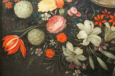 Philips de Marlier (1595-1668) &amp; atelier van Frans Francken II (1581-1642): 'Het huwelijk van de Maagd Maria' met bloemenkrans, olie op doek