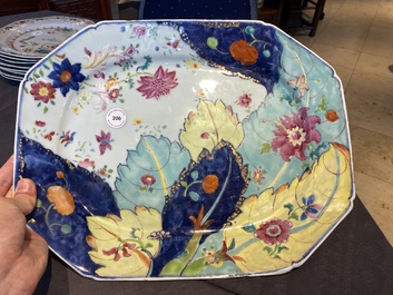 A large Chinese octagonal famille rose 'tobacco leaf' dish, Qianlong