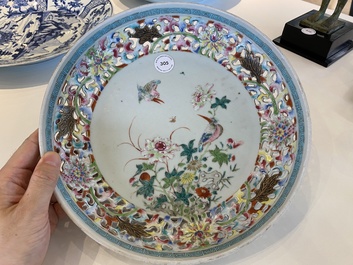 A Chinese famille rose 'kingfishers' dish with reticulated rim, Yongzheng/Qianlong