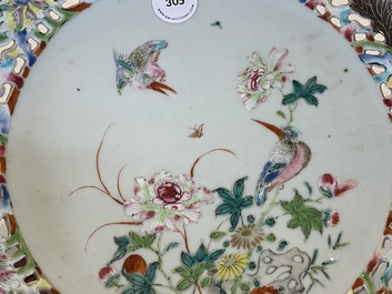 A Chinese famille rose 'kingfishers' dish with reticulated rim, Yongzheng/Qianlong