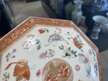 A Chinese famille rose, iron-red and gilt octagonal box and cover with butterflies, Yongzheng