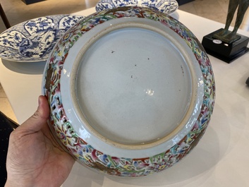 A Chinese famille rose 'kingfishers' dish with reticulated rim, Yongzheng/Qianlong