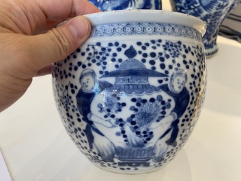 Three Chinese blue and white vases and a monochrome red vase, 19th C.