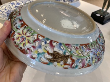 A Chinese famille rose 'kingfishers' dish with reticulated rim, Yongzheng/Qianlong