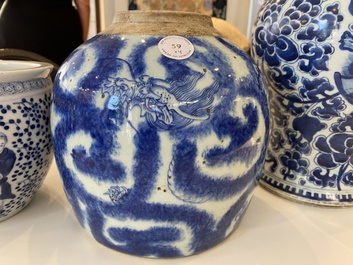 Three Chinese blue and white vases and a monochrome red vase, 19th C.