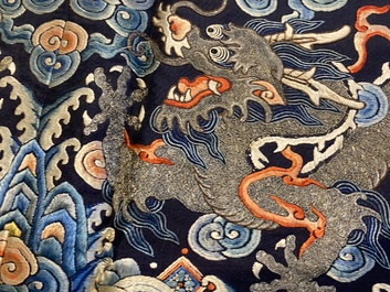 A Chinese gold- and silver-thread-embroidered silk panel with dragons, Qing